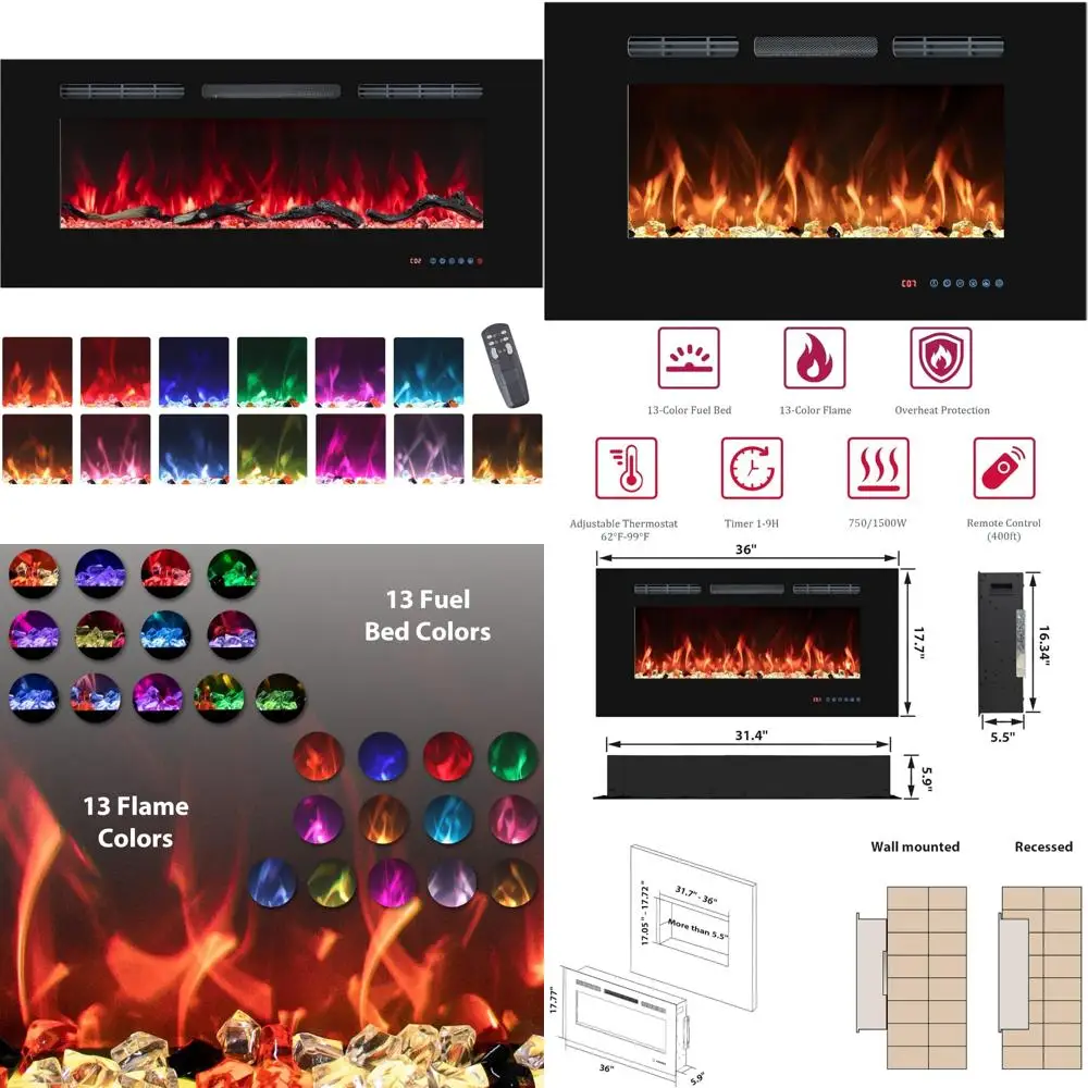 36 Electric Fireplace Insert, Recessed & Wall-Mounted Heater, Multicolor Flame, Thermostat, Timer, Log & Crystal
36 Electric Fireplace Insert, Recessed & Wall-Mounted Heater, Multicolor Flame, Thermostat, Timer, Log & Crystal