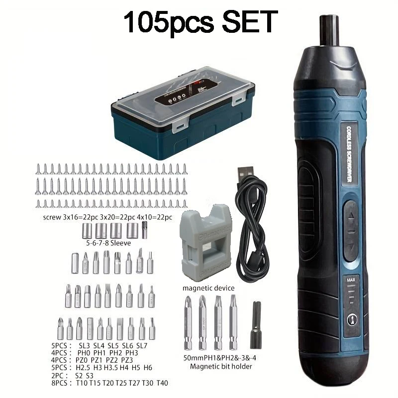 105-piece set of electric screwdriver kits, equipped with various screwdriver heads and sockets
105-piece set of electric screwdriver kits, equipped with various screwdriver heads and sockets