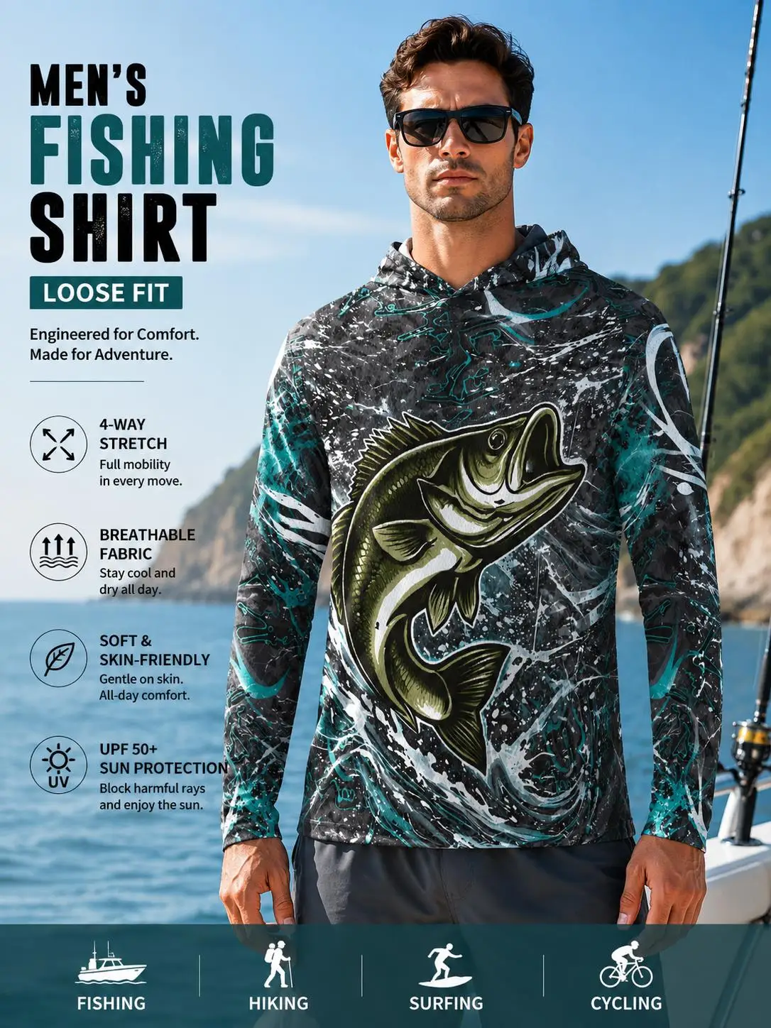Quick Dry Fishing Hoodie Bass Fish Graphic Water Splash Long Sleeve UV Sun Protection Breathable Outdoor Fishing Shirt Jersey
Quick Dry Fishing Hoodie Bass Fish Graphic Water Splash Long Sleeve UV Sun Protection Breathable Outdoor Fishing Shirt Jersey