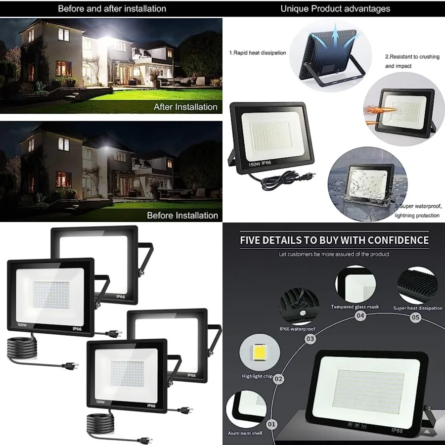 4Pack LED Flood Light Outdoor, 100W LED Work Light 11000lm with 6Feet US Plug, IP66 Waterproof Exterior Security Lights, 6000K
4Pack LED Flood Light Outdoor, 100W LED Work Light 11000lm with 6Feet US Plug, IP66 Waterproof Exterior Security Lights, 6000K