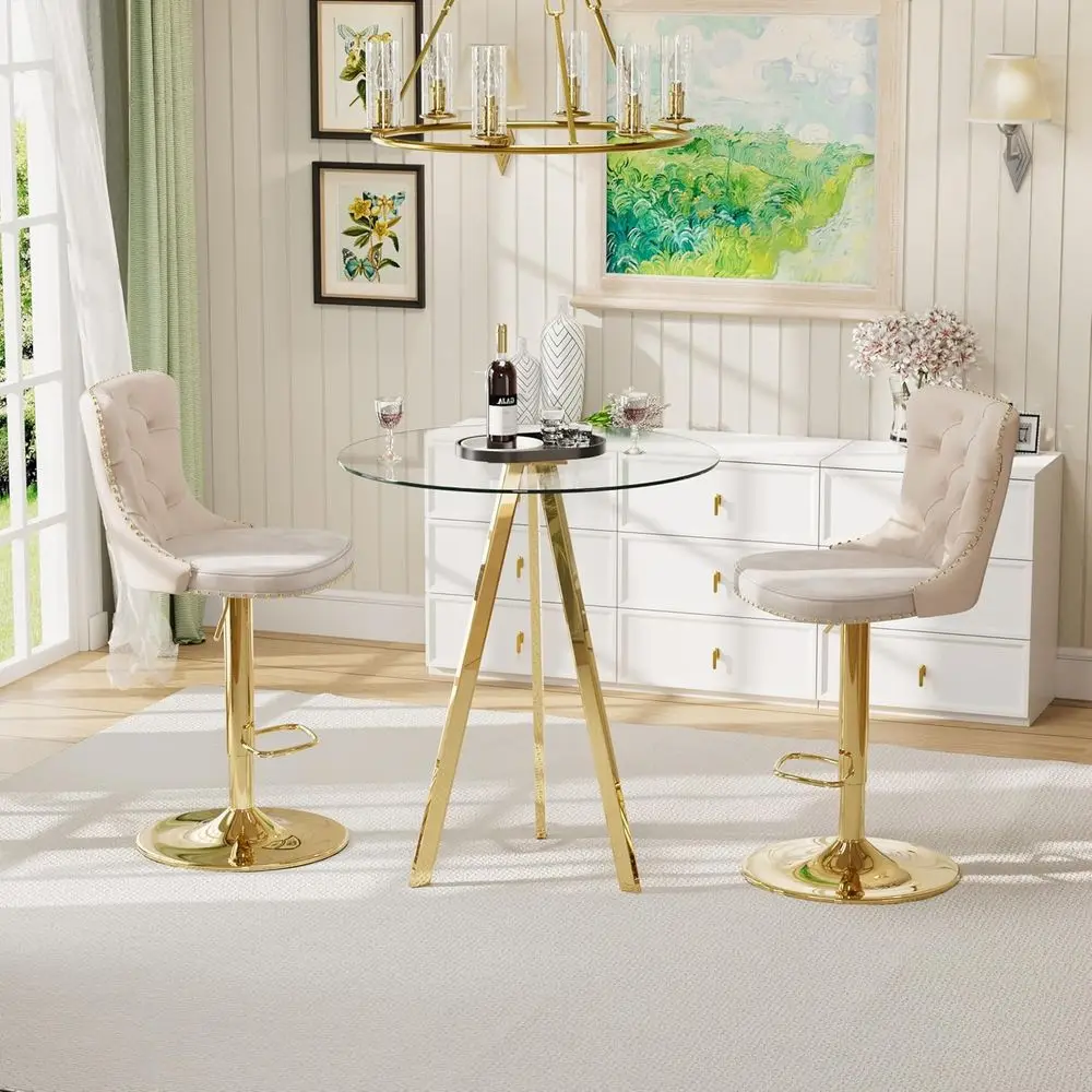 Round Glass Bar Table Set with 2 Stools, High Top Pub Table and 2 Velvet Swivel Bar Chairs - Gold Legs, Clear Glass, Beige Seats
Round Glass Bar Table Set with 2 Stools, High Top Pub Table and 2 Velvet Swivel Bar Chairs - Gold Legs, Clear Glass, Beige Seats