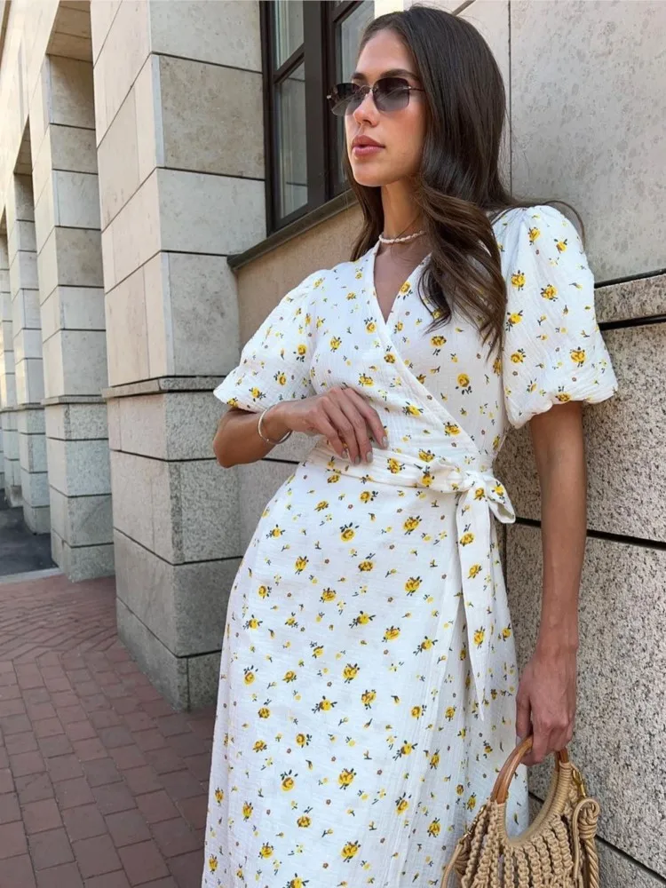 Dresses For Woman Floral Print Lace Up Short Sleeves Fashion Long Dress Contrast Elegant Temperament Vestidos All-match Trendy
Dresses For Woman Floral Print Lace Up Short Sleeves Fashion Long Dress Contrast Elegant Temperament Vestidos All-match Trendy