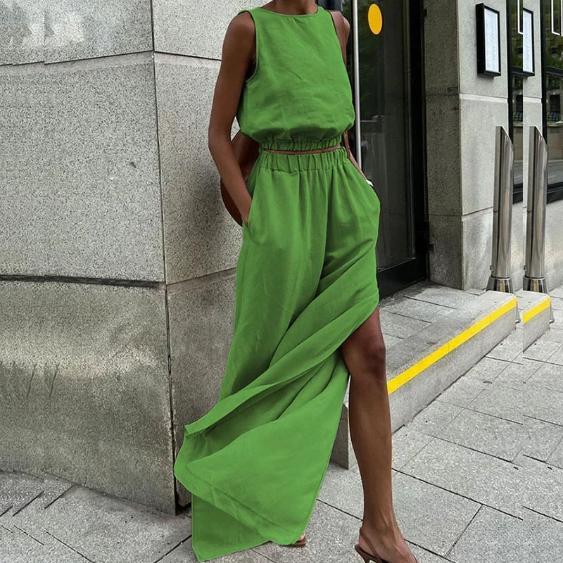 Новый женский праздничный льняной комплект с широкими брюками, укороченный топ, однотонная одежда, комплект из двух предметов для женщин
Новый женский праздничный льняной комплект с широкими брюками, укороченный топ, однотонная одежда, комплект из двух предметов для женщин