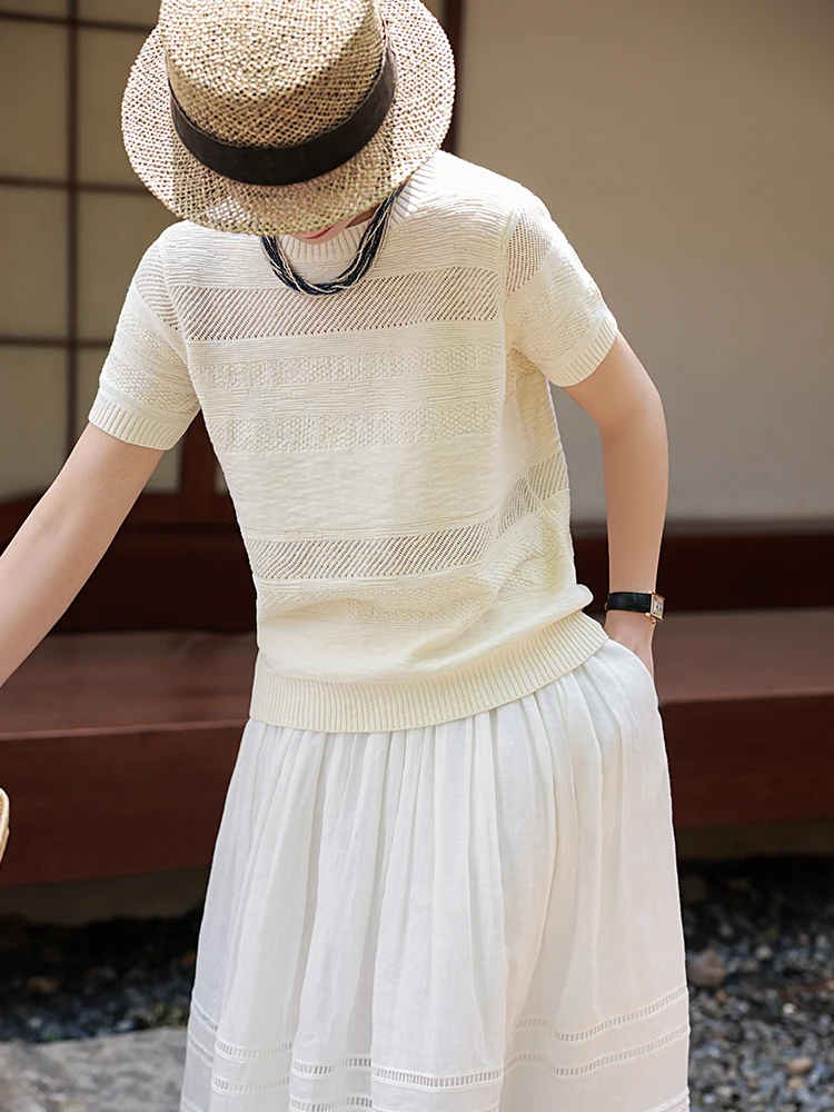 Elegant round Neck Short Sleeve Knitted Top Soft Skin-friendly Cotton Blend Striped Texture Spring Summer 2026 Soft Wearable Art
Elegant round Neck Short Sleeve Knitted Top Soft Skin-friendly Cotton Blend Striped Texture Spring Summer 2026 Soft Wearable Art