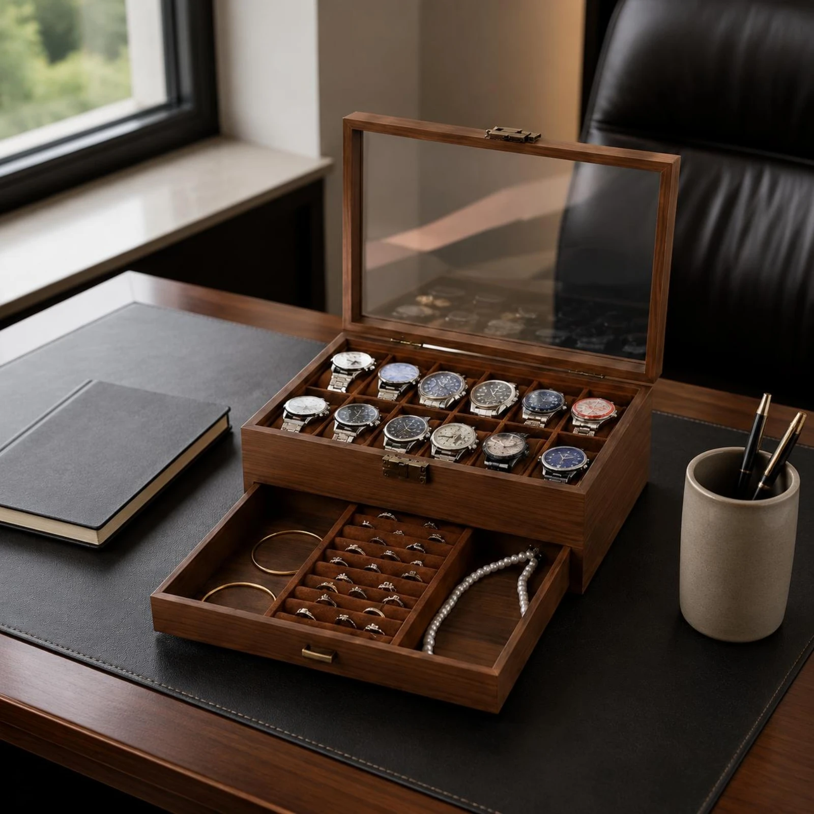 2-Layer Watch Box Drawer Design Glass Lid Watch Box
2-Layer Watch Box Drawer Design Glass Lid Watch Box