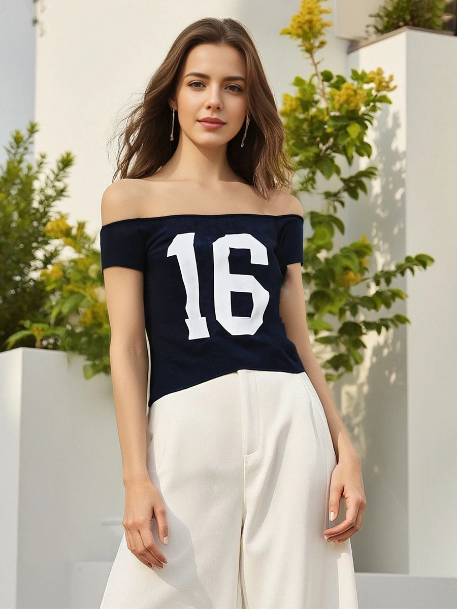 Women Off-shoulder Tops Short Sleeve T-shirt Letters Numbers Print Slim Summer Clubwear
Women Off-shoulder Tops Short Sleeve T-shirt Letters Numbers Print Slim Summer Clubwear