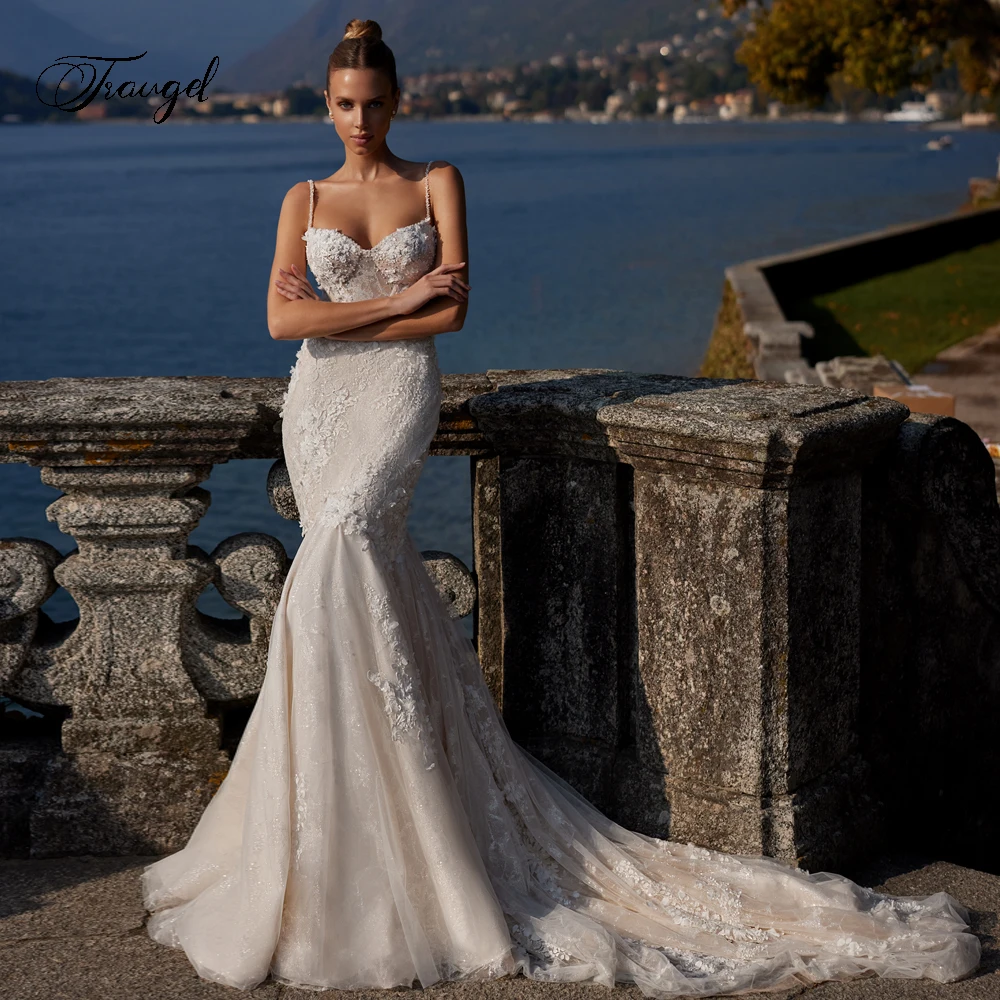 Traugel Sexy Sweetheart Flowers Lace Mermaid Wedding Dresses Delicate Spaghetti Straps Appliques Beaded Trumpet Bridal Gown
Traugel Sexy Sweetheart Flowers Lace Mermaid Wedding Dresses Delicate Spaghetti Straps Appliques Beaded Trumpet Bridal Gown