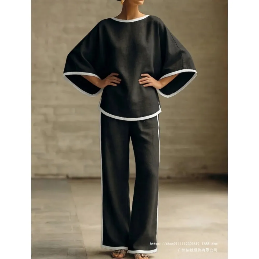 Women's Pink Linen Lounge Suit Elegant Loose Batwing Sleeves Fashion Black Piping Simple Chic Wide Leg Pants Female 2 Piece Suit
Women's Pink Linen Lounge Suit Elegant Loose Batwing Sleeves Fashion Black Piping Simple Chic Wide Leg Pants Female 2 Piece Suit