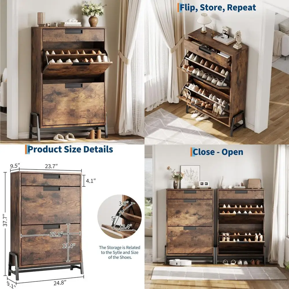 Narrow Freestanding Shoe Storage Cabinet with 2 Flip Drawers and 1 Drawer for Entryway Organization
Narrow Freestanding Shoe Storage Cabinet with 2 Flip Drawers and 1 Drawer for Entryway Organization