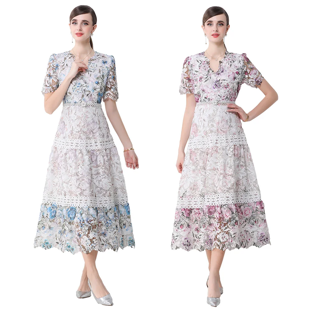 Elegant V-neck Long Dress Women's Fashion Retro Hollow out Lady Hook Lace Slimming Skirt Large Swing Polyester Summer Dress
Elegant V-neck Long Dress Women's Fashion Retro Hollow out Lady Hook Lace Slimming Skirt Large Swing Polyester Summer Dress