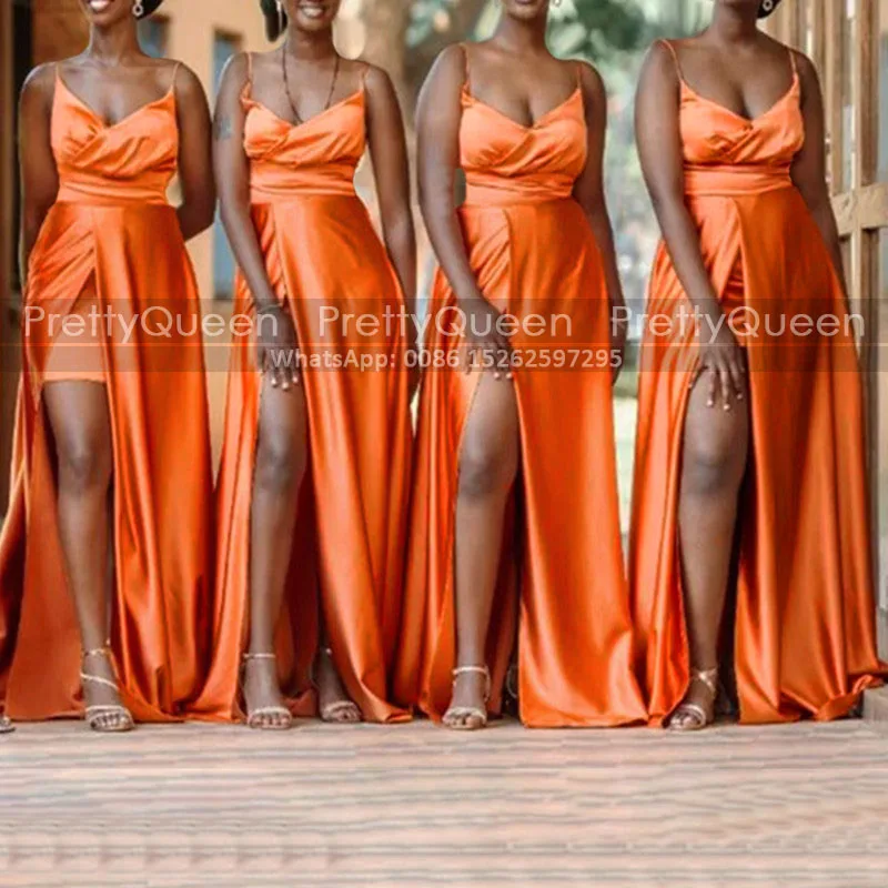Sexy High Slit Long Bridesmaid Dresses A Line Spagetti Straps Orange Sleeveless Customized Wedding Party Dress
Sexy High Slit Long Bridesmaid Dresses A Line Spagetti Straps Orange Sleeveless Customized Wedding Party Dress