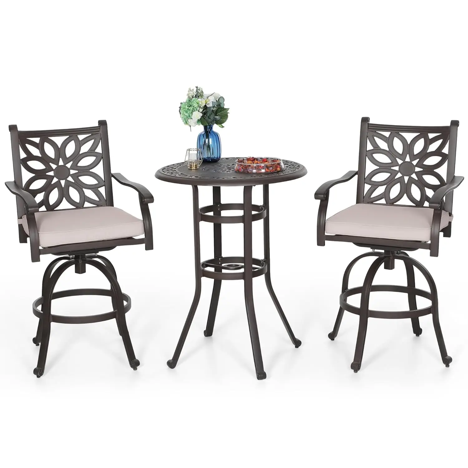 Brown Cast Aluminum High Top Bistro Set Swivel Bar Stools Cushion Outdoor 3Pcs, Custom
Brown Cast Aluminum High Top Bistro Set Swivel Bar Stools Cushion Outdoor 3Pcs, Custom