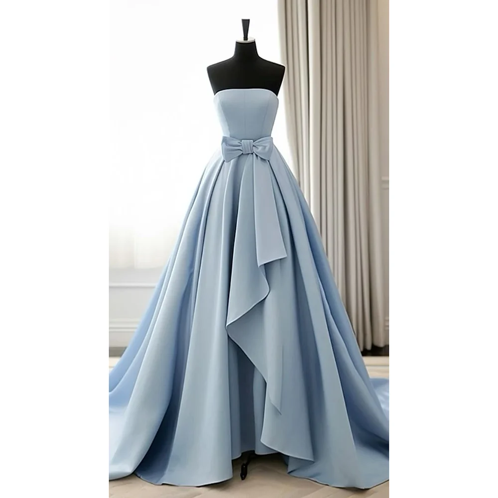 Sky Blue Strapless Sleeveless Big Bow Design A Line Floor Length Princess Dress Backless Dinner Party Skirt
Sky Blue Strapless Sleeveless Big Bow Design A Line Floor Length Princess Dress Backless Dinner Party Skirt