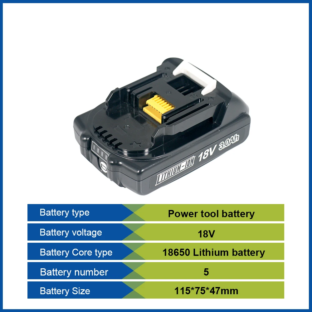 For Makita 18V 3.0Ah/3000mAh Li-ion battery for charging power tools, For Makita BL1830 BL1860 BL1890 LXT400 Power Tools
For Makita 18V 3.0Ah/3000mAh Li-ion battery for charging power tools, For Makita BL1830 BL1860 BL1890 LXT400 Power Tools