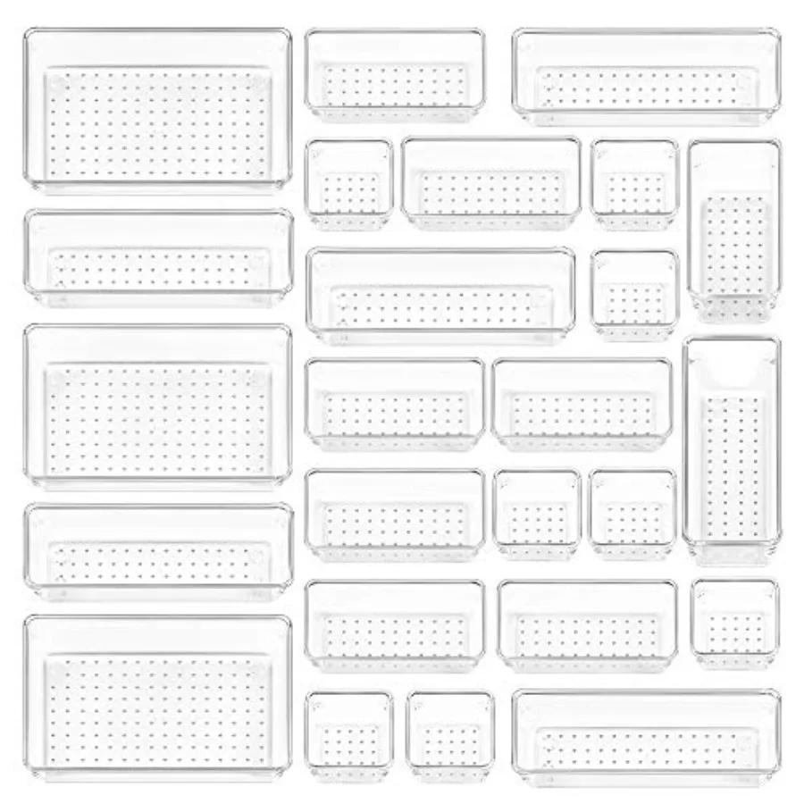 25 PCS Plastic Drawer Organizers Set, 4-Size Versatile Bathroom and Vanity Drawer Organizer Trays, Storage Bins for Makeup, Bed
25 PCS Plastic Drawer Organizers Set, 4-Size Versatile Bathroom and Vanity Drawer Organizer Trays, Storage Bins for Makeup, Bed