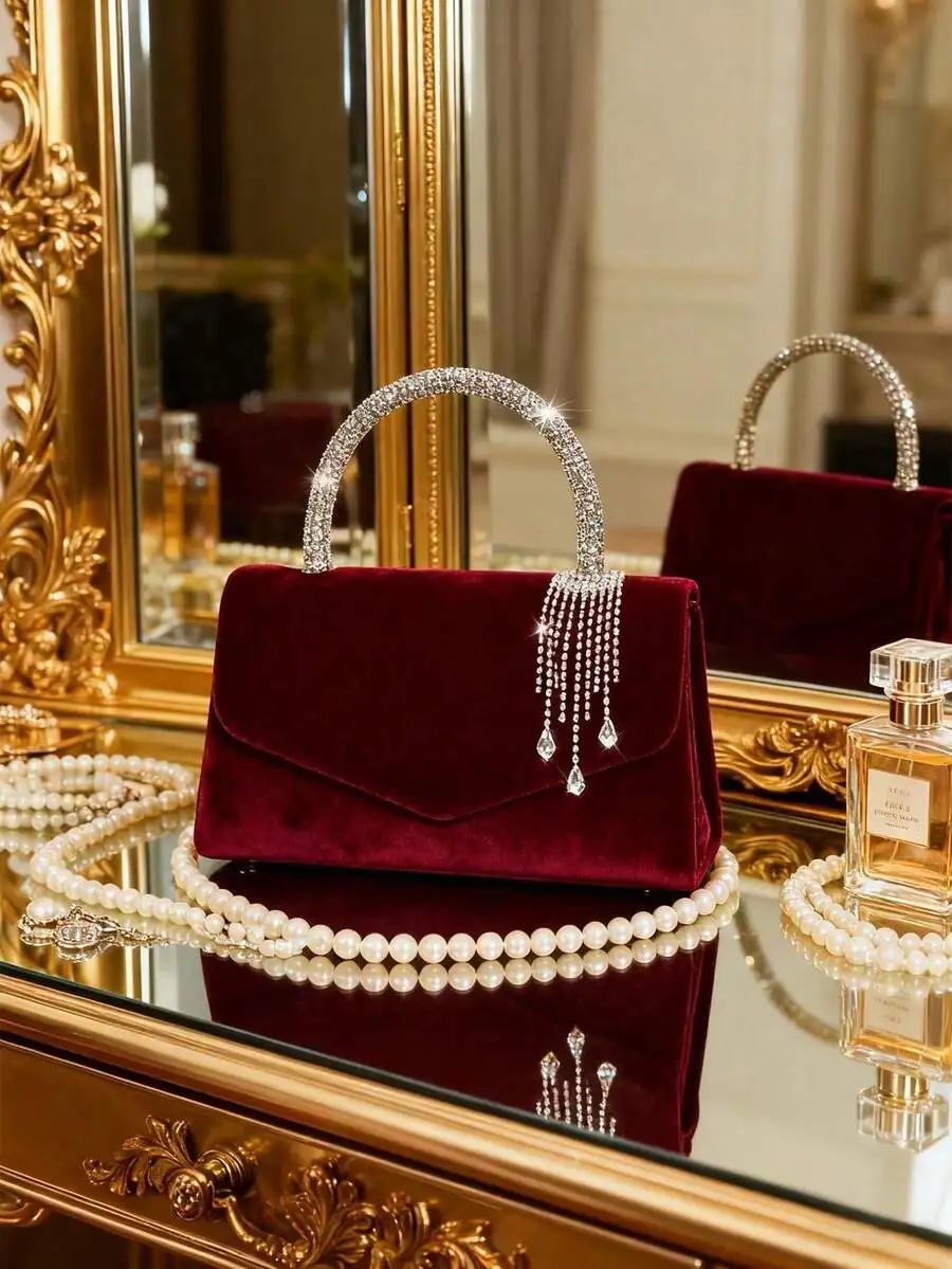 Elegant Velvet Evening Clutch With Rhinestone Handle And Pearl Tassels For Party Wedding Dinner
Elegant Velvet Evening Clutch With Rhinestone Handle And Pearl Tassels For Party Wedding Dinner