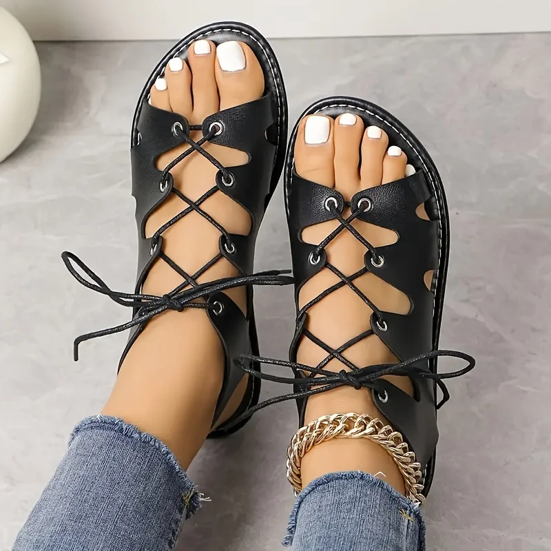 Women's Solid Color Trendy Sandals Lace Up Soft Sole Lightweight Beach Shoes Vacation Non-slip Shoes
Women's Solid Color Trendy Sandals Lace Up Soft Sole Lightweight Beach Shoes Vacation Non-slip Shoes