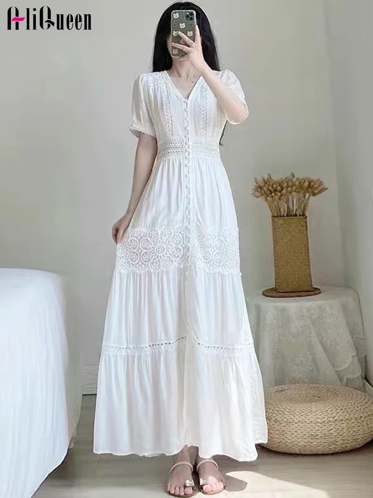 Women New Summer White Splice Lace V Neck Maxi Dresses Elegant Female Vintage Red Single-breasted Beach Dress Holiday Vestidos
Women New Summer White Splice Lace V Neck Maxi Dresses Elegant Female Vintage Red Single-breasted Beach Dress Holiday Vestidos