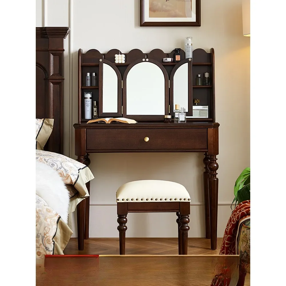 French retro style dressing table with makeup mirror and makeup table, all solid wood, American small unit walnut color bedroom
French retro style dressing table with makeup mirror and makeup table, all solid wood, American small unit walnut color bedroom
