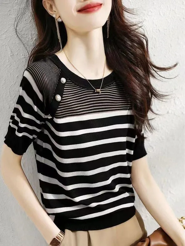 Oule Brand Women's Summer Slimming Young-looking Ice Silk ort Sve round Ne Knitted Stripe Top Comfortable Breathable
Oule Brand Women's Summer Slimming Young-looking Ice Silk ort Sve round Ne Knitted Stripe Top Comfortable Breathable