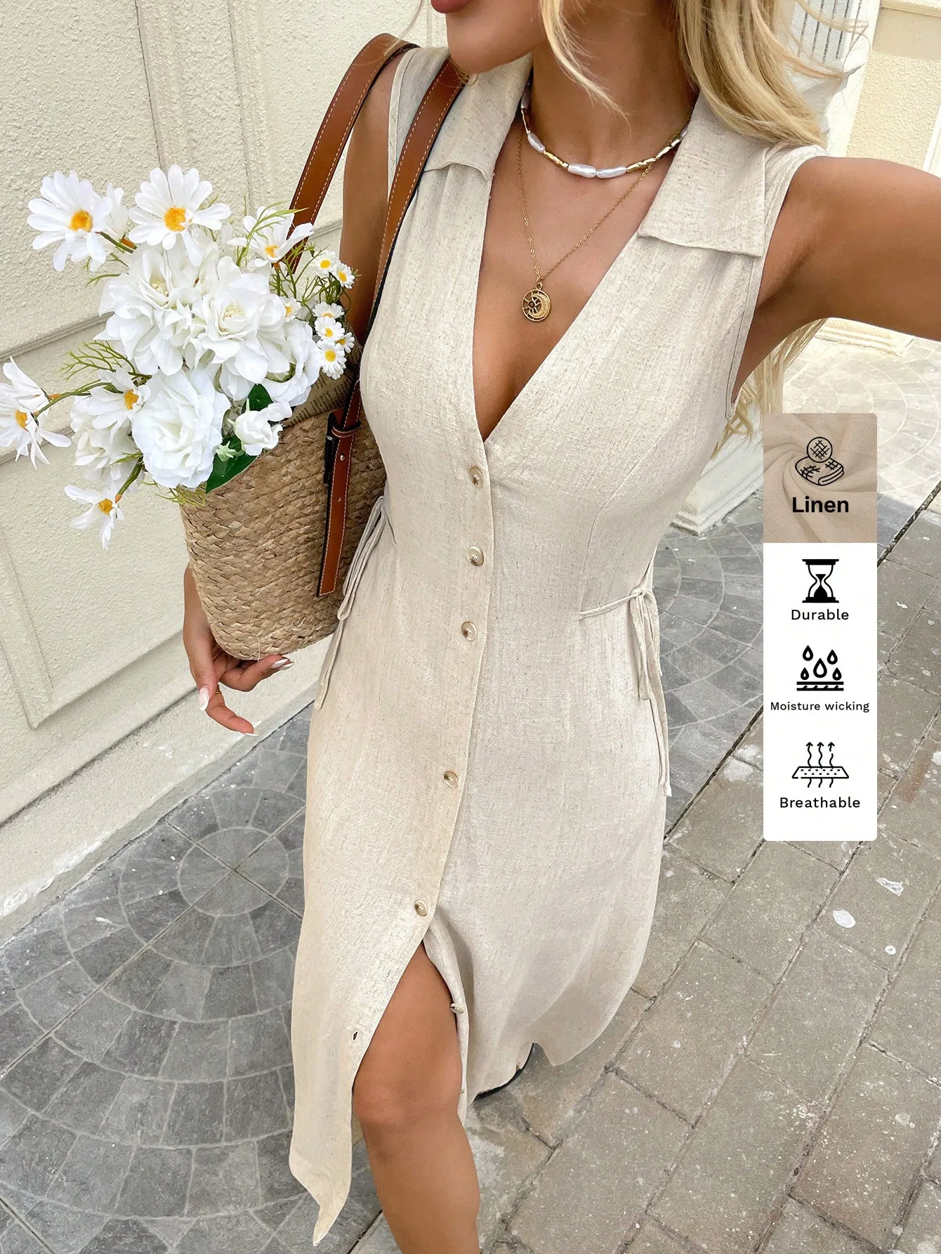Beige Linen Shirt Collar Button-Front Midi Dress with Side Slit
Beige Linen Shirt Collar Button-Front Midi Dress with Side Slit