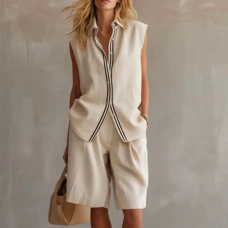 Summer Fashion Solid Linen Blend Two Piece Sets Women's Casual Single Breasted Sleeveless Shirts Top & Shorts Loose Beach Set
Summer Fashion Solid Linen Blend Two Piece Sets Women's Casual Single Breasted Sleeveless Shirts Top & Shorts Loose Beach Set