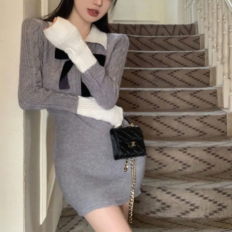 Hotsweet Bow Mini Dress Female Clothing Contrasting Colors Patchwork Autumn Winter Slim Elegant Bag Hip Knitted Waist Dresses
Hotsweet Bow Mini Dress Female Clothing Contrasting Colors Patchwork Autumn Winter Slim Elegant Bag Hip Knitted Waist Dresses