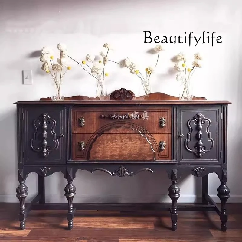 French retro solid wood foyer entrance cabinet dining side cabinet storage American country living room wall decoration 
French retro solid wood foyer entrance cabinet dining side cabinet storage American country living room wall decoration