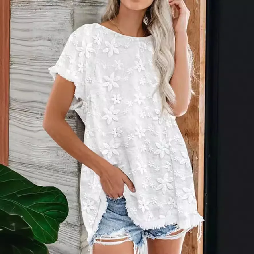 Elegant Woman White Lace Round Neck Shirt For Spring And Summer Fashionable Women's Short Sleeved Loose Office Shirt Blouse
Elegant Woman White Lace Round Neck Shirt For Spring And Summer Fashionable Women's Short Sleeved Loose Office Shirt Blouse