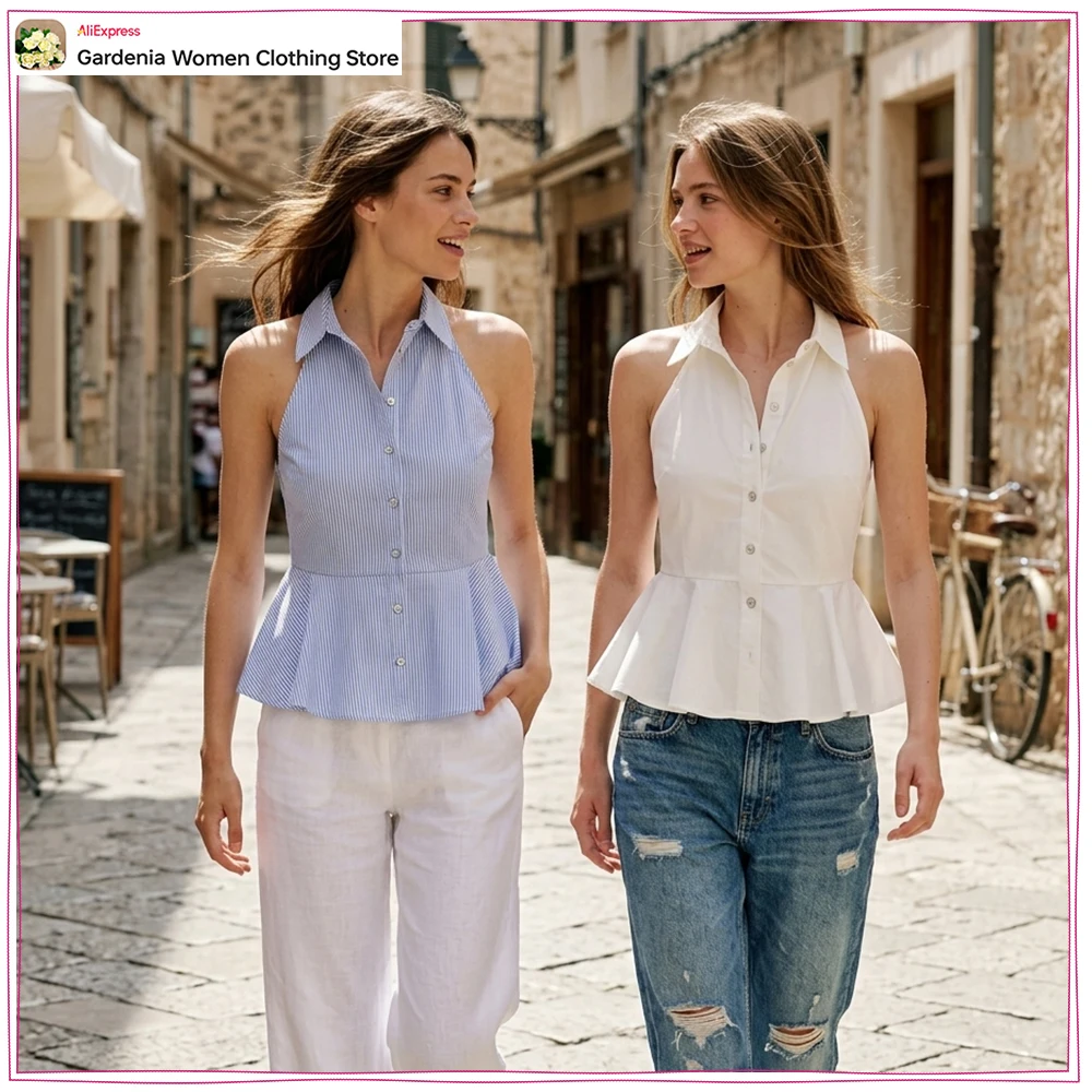 Elegant Chic Halter Peplum Shirts for Women Summer Cotton Halter Neck Tops New in Casual Striped Shirt with Lapel and Flared Hem
Elegant Chic Halter Peplum Shirts for Women Summer Cotton Halter Neck Tops New in Casual Striped Shirt with Lapel and Flared Hem
