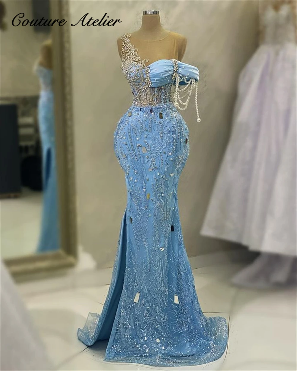 Sky Blue Mermaid Evening Dress 2024 Arabic Pearls Tassel Off Shoulder Crystal Sequins Dubai Slit Wedding Party Gowns Customized
Sky Blue Mermaid Evening Dress 2024 Arabic Pearls Tassel Off Shoulder Crystal Sequins Dubai Slit Wedding Party Gowns Customized