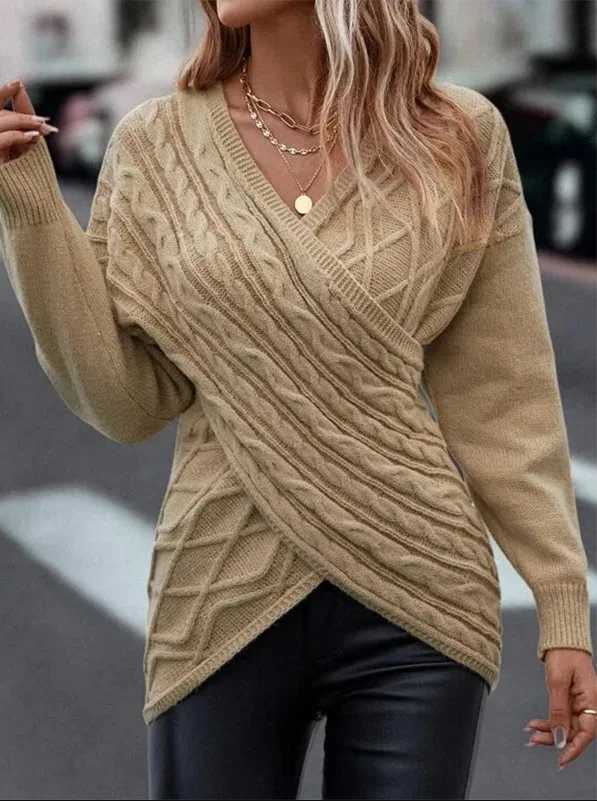 Women's Fashion V-neck Cross Jacquard Knitted Sweater Autumn New Solid Long Sleeve Casual Loose Pullover Sweater
Women's Fashion V-neck Cross Jacquard Knitted Sweater Autumn New Solid Long Sleeve Casual Loose Pullover Sweater