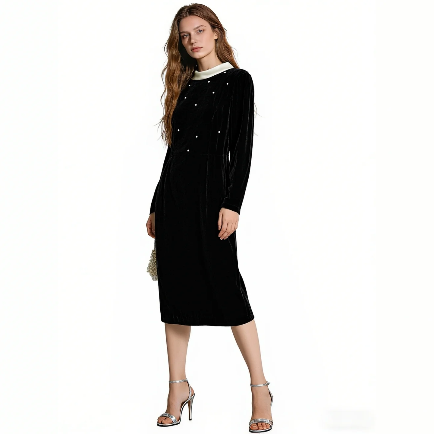 2026 Spring Women Velvet Sheath Midi Dress Contrast Collar Long Sleeve Pearl Beaded Casual Dresses Black
2026 Spring Women Velvet Sheath Midi Dress Contrast Collar Long Sleeve Pearl Beaded Casual Dresses Black