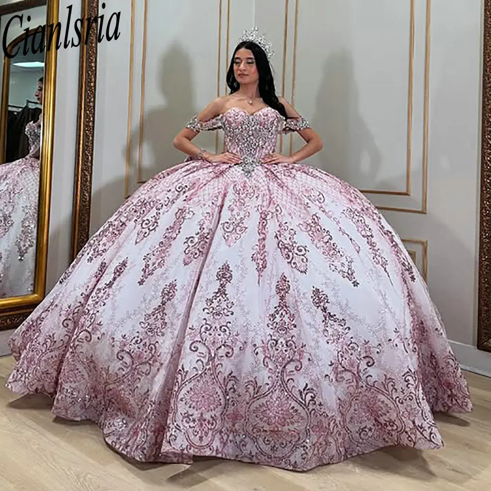 Pink Sequined Appliques Lace Bow Quinceanera Dresses Ball Gown Off The Shoulder Beading Sweet 15 Años Mexican Customized
Pink Sequined Appliques Lace Bow Quinceanera Dresses Ball Gown Off The Shoulder Beading Sweet 15 Años Mexican Customized