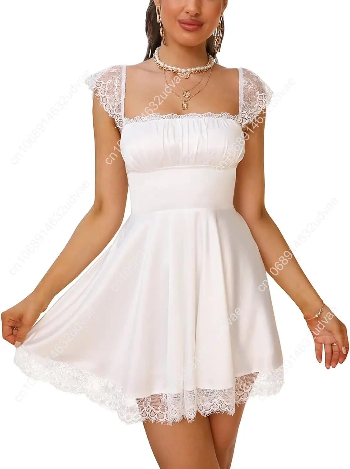 Women's Satin Lace Strap Mini Dress Square Neck Flowy A-Line Ruffle Swing Casual Short Dresses
Women's Satin Lace Strap Mini Dress Square Neck Flowy A-Line Ruffle Swing Casual Short Dresses