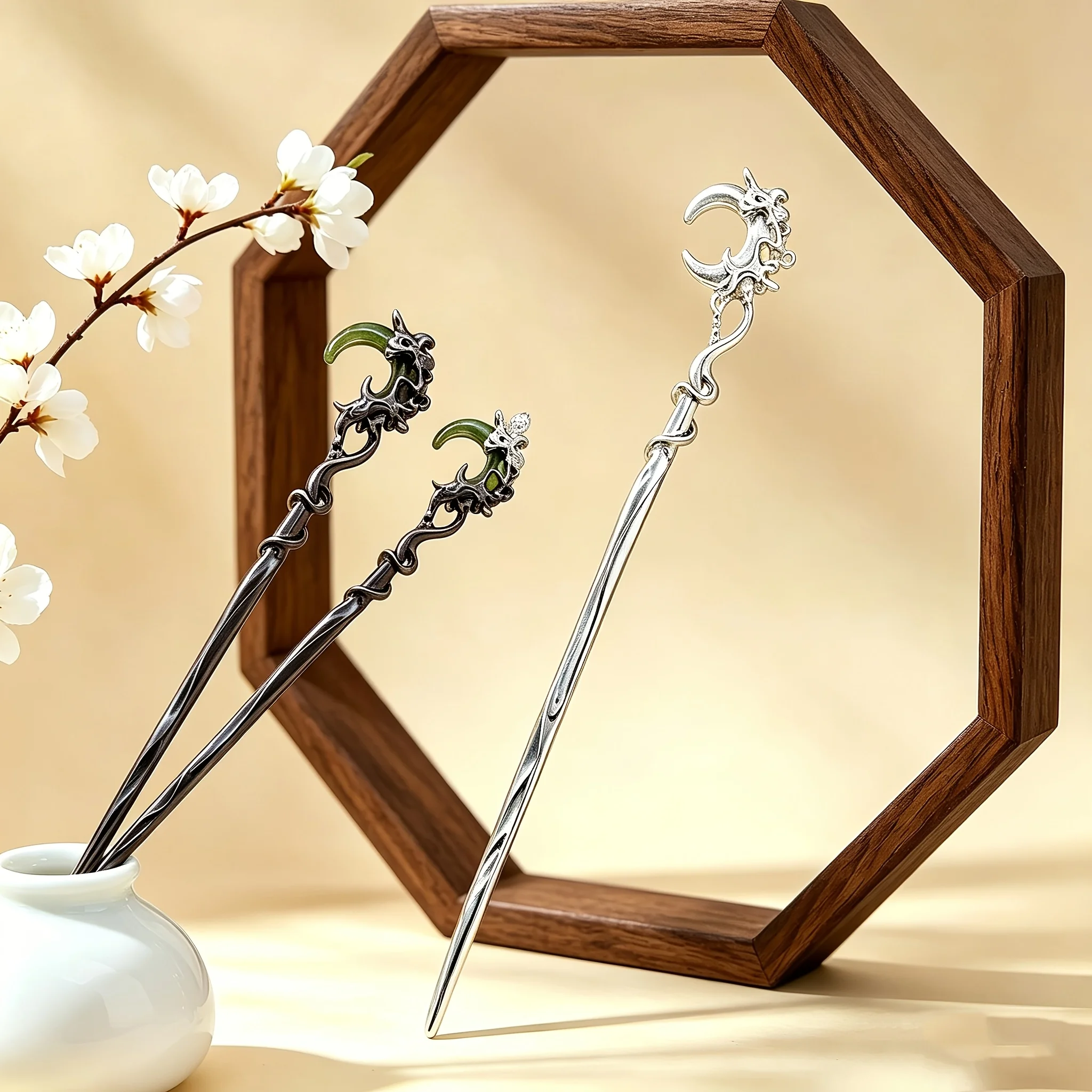 2Pcs elegant silver crescent hairpin, retro carved hairpin with green jade decoration, women's traditional Chinese hair accessories, great gift.
2Pcs elegant silver crescent hairpin, retro carved hairpin with green jade decoration, women's traditional Chinese hair accessories, great gift.