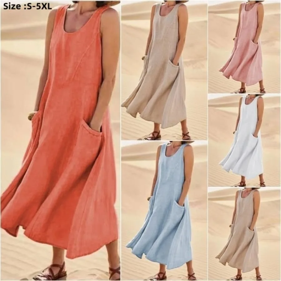2024 Women's Summer Cotton Linen Sundress Female Sleeveless Double Big Pocket Loose Beachwear Long Dress Oversized Dress S-5XL
2024 Women's Summer Cotton Linen Sundress Female Sleeveless Double Big Pocket Loose Beachwear Long Dress Oversized Dress S-5XL