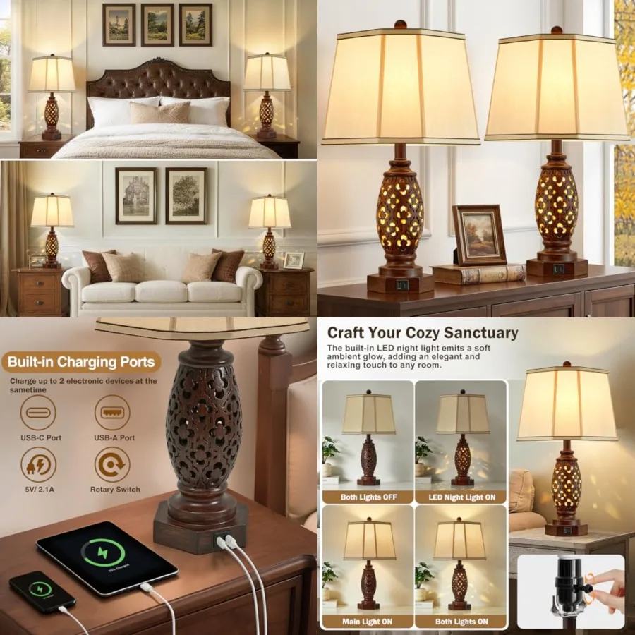 Bedside Lamps Set of 2-23.5" Vintage Table Lamp with USB A+C and Nightlight - Carved Resin Farmhouse Desk Lamp for Bedrooms, En
Bedside Lamps Set of 2-23.5" Vintage Table Lamp with USB A+C and Nightlight - Carved Resin Farmhouse Desk Lamp for Bedrooms, En