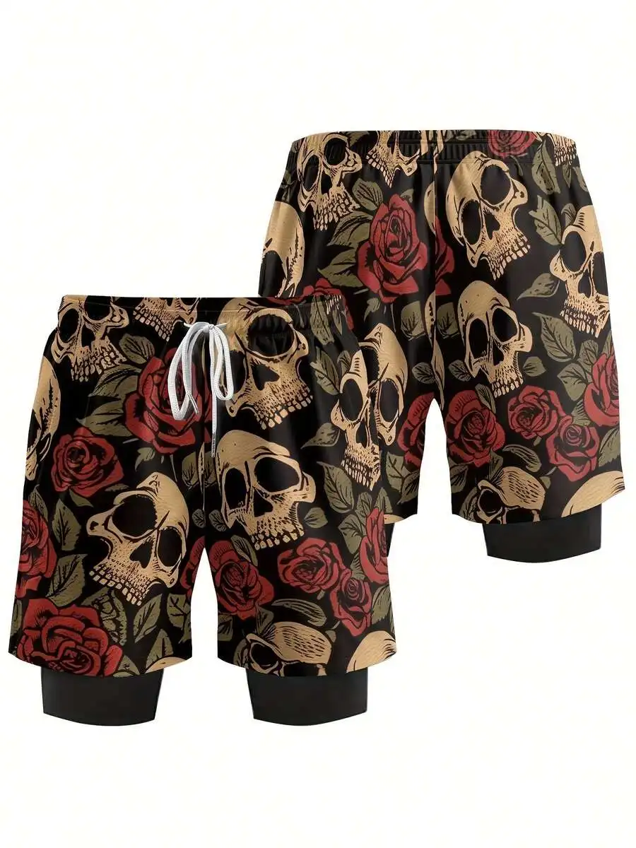 Mens 2-In-1 Skull Rose Print Board Shorts Quick Dry Streetwear Swim Trunks
Mens 2-In-1 Skull Rose Print Board Shorts Quick Dry Streetwear Swim Trunks