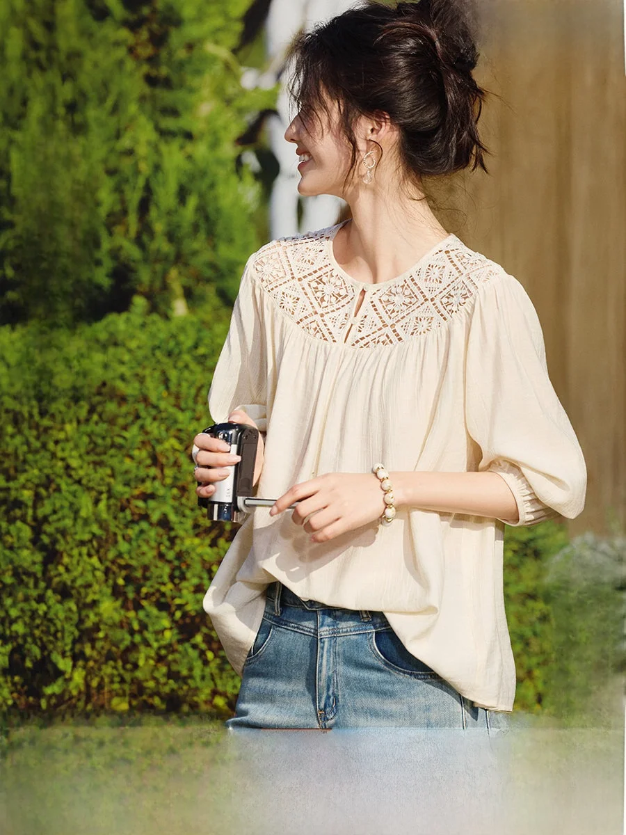 Women's Loose Fit Shirt XWI Hollow out Lantern Sleeve Top in Beige Spring 2026 Design Slimming Straight Cut Long Sleeve Shirt
Women's Loose Fit Shirt XWI Hollow out Lantern Sleeve Top in Beige Spring 2026 Design Slimming Straight Cut Long Sleeve Shirt