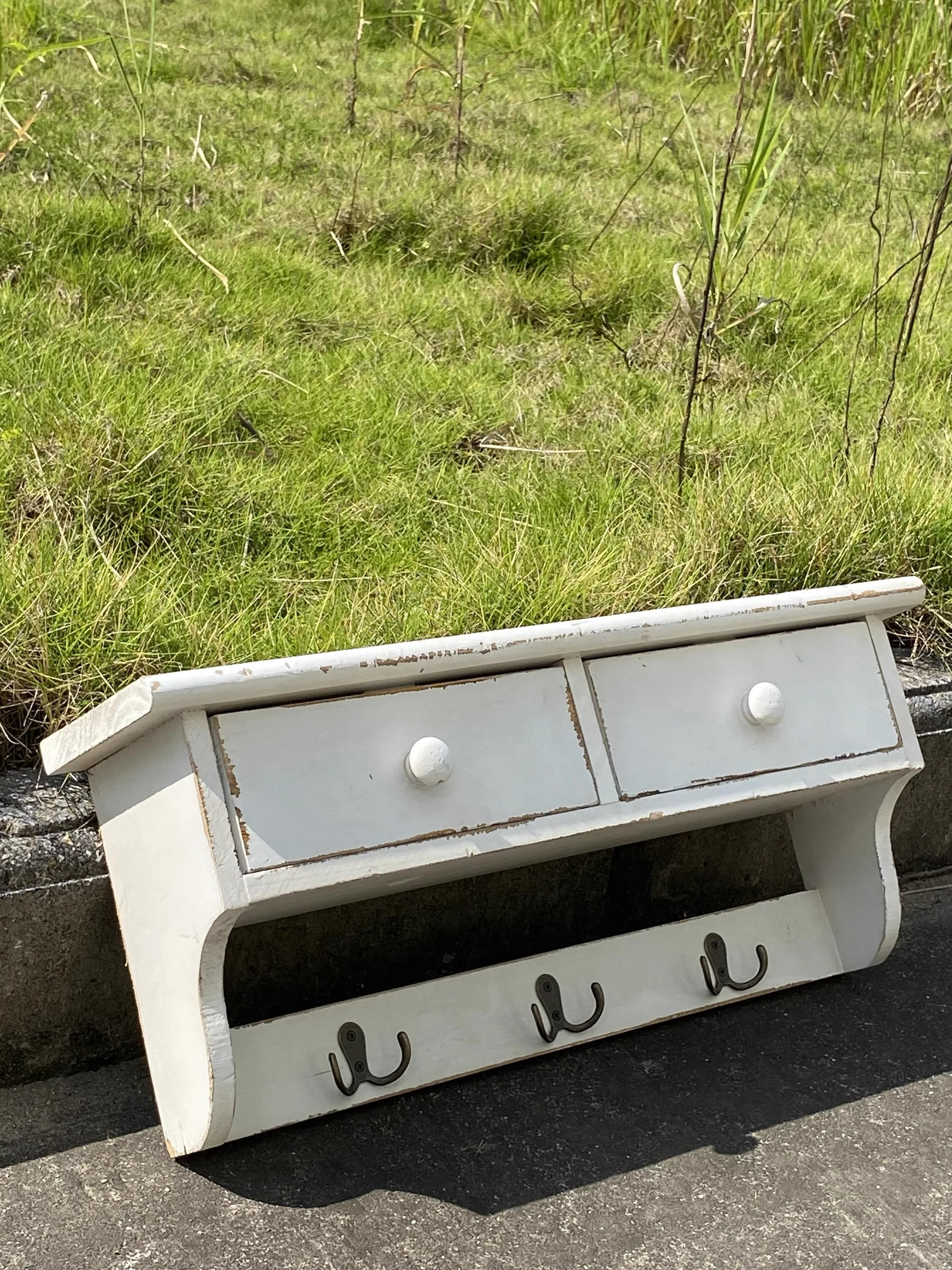 Rustic Wall Mounted Shelf with 2 Drawers and 3 Hooks, Distressed White Wood Storage Organizer, 22.4x5.9x9.8 Inches
Rustic Wall Mounted Shelf with 2 Drawers and 3 Hooks, Distressed White Wood Storage Organizer, 22.4x5.9x9.8 Inches