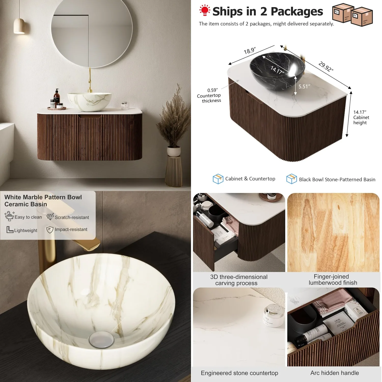 30in Floating Bathroom Vanity Solid Wood Bowl Ceramic Basin Marble Top Soft-Close Drawer Pre-Assembled Walnut Customized
30in Floating Bathroom Vanity Solid Wood Bowl Ceramic Basin Marble Top Soft-Close Drawer Pre-Assembled Walnut Customized