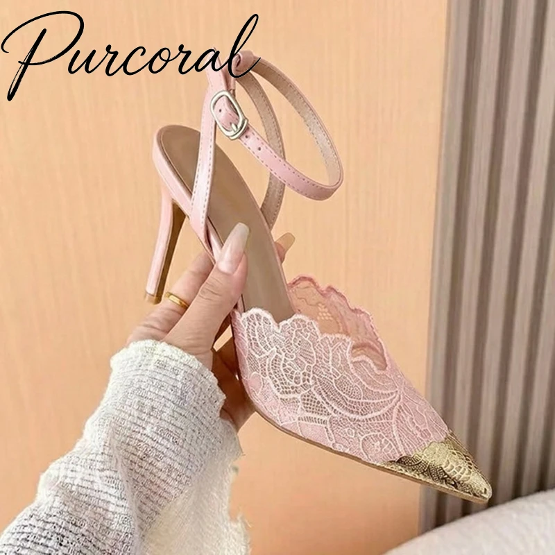 Purcoral Pink Lace High Heels Sandals for Women Pointed Toe Metal Cap Ankle Strap Stiletto Heel Elegant Party Wedding Shoes
Purcoral Pink Lace High Heels Sandals for Women Pointed Toe Metal Cap Ankle Strap Stiletto Heel Elegant Party Wedding Shoes