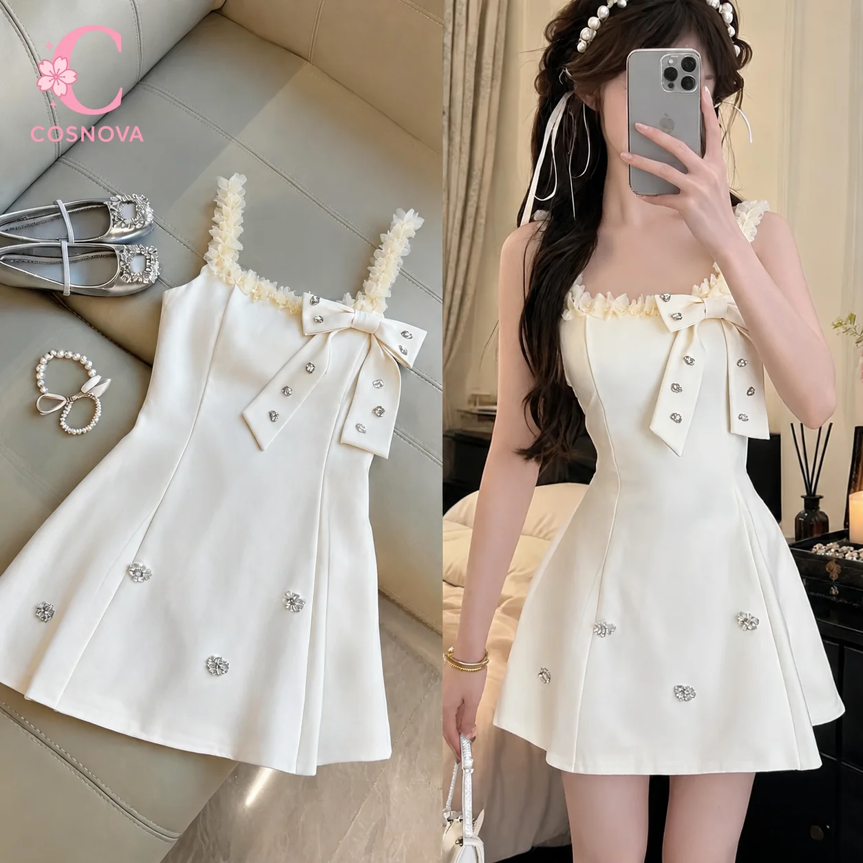 Coquette Princess Elegant Rhinestone Bow Mini Dress Women Slim Fit Spaghetti Strap Lace Trim 3D Floral Party Clubwear Outfit
Coquette Princess Elegant Rhinestone Bow Mini Dress Women Slim Fit Spaghetti Strap Lace Trim 3D Floral Party Clubwear Outfit