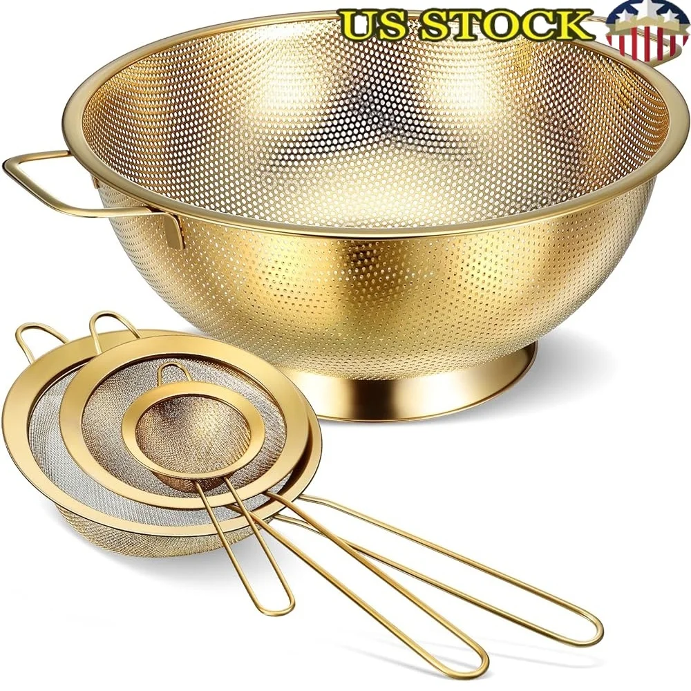 5 Quart Stainless Steel Colander with 3 Pcs Gold Fine Mesh Strainers Kitchen Accessories Food Drain Sifter Pasta Rice
5 Quart Stainless Steel Colander with 3 Pcs Gold Fine Mesh Strainers Kitchen Accessories Food Drain Sifter Pasta Rice