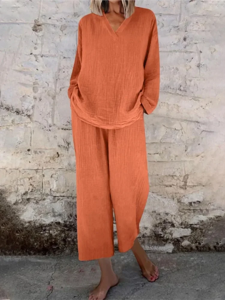Summer New Elegant Cotton Linen 2-piece Set V-neck Pullover Top Long Pant Set Women Casual Long Sleeve Loose Solid Outfits
Summer New Elegant Cotton Linen 2-piece Set V-neck Pullover Top Long Pant Set Women Casual Long Sleeve Loose Solid Outfits
