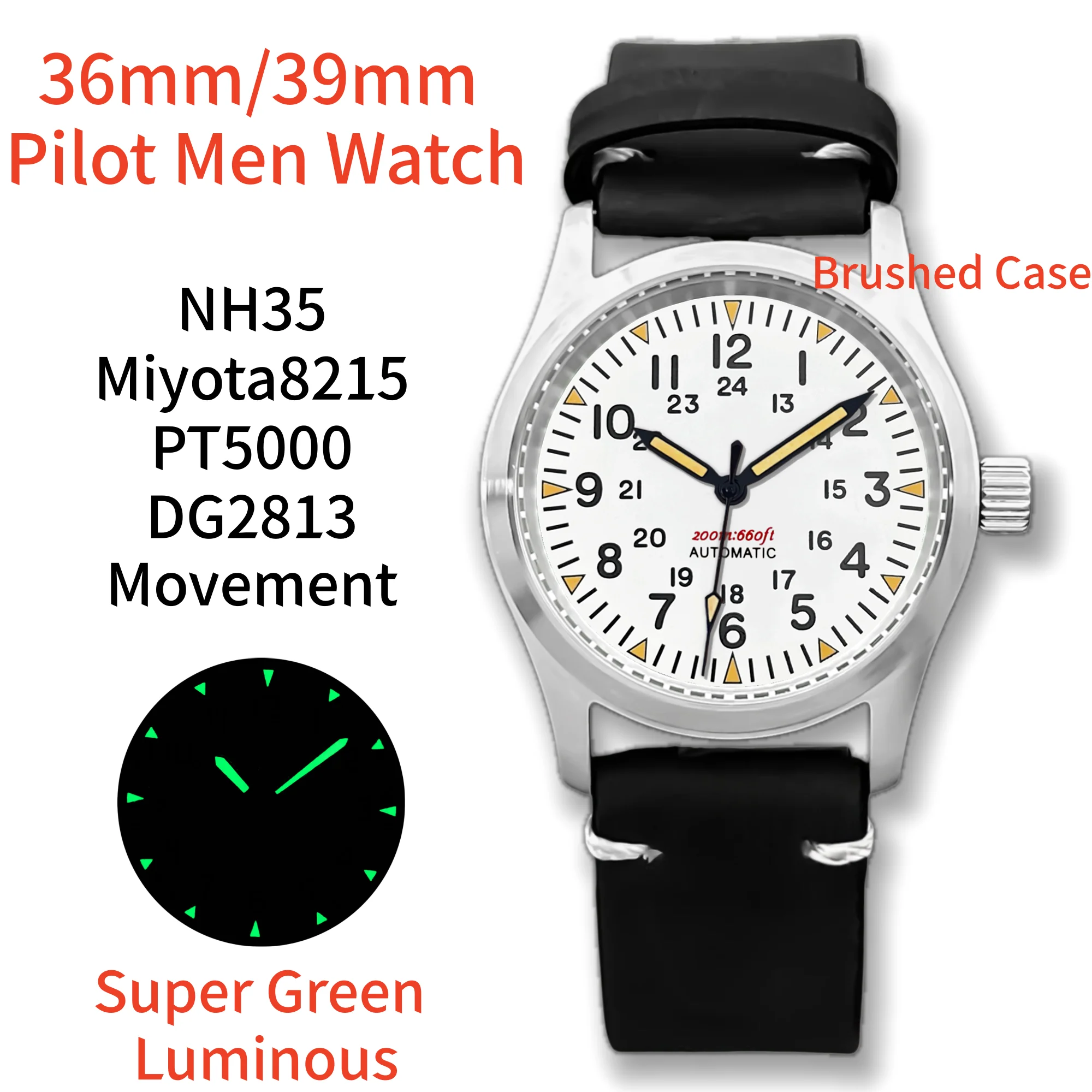 Gramock Brushed 39mm Stainless Steel Pilot Automatic Watch For Men 100m Dive Domed Sapphire NH35/Miyota8215/PT5000 Mens Watches
Gramock Brushed 39mm Stainless Steel Pilot Automatic Watch For Men 100m Dive Domed Sapphire NH35/Miyota8215/PT5000 Mens Watches