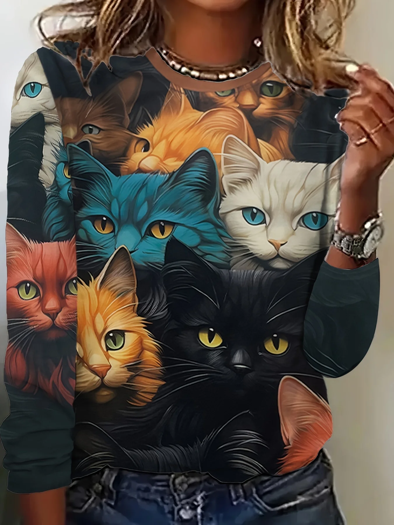 Cat Print Long Sleeve T-shirt, Casual Crew Neck Top For Spring & Fall, Women's Clothing
Cat Print Long Sleeve T-shirt, Casual Crew Neck Top For Spring & Fall, Women's Clothing