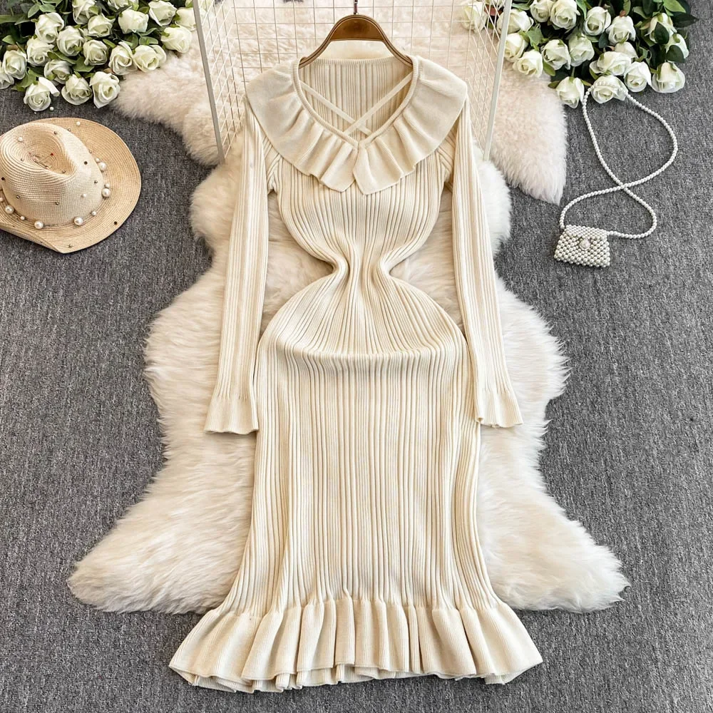 Elegant Long Sleeves V-Neck Chic Ruffle Fashion Knit Slim Mermaid Dresses French Office Lady High Street Autumn Winter Clothing
Elegant Long Sleeves V-Neck Chic Ruffle Fashion Knit Slim Mermaid Dresses French Office Lady High Street Autumn Winter Clothing