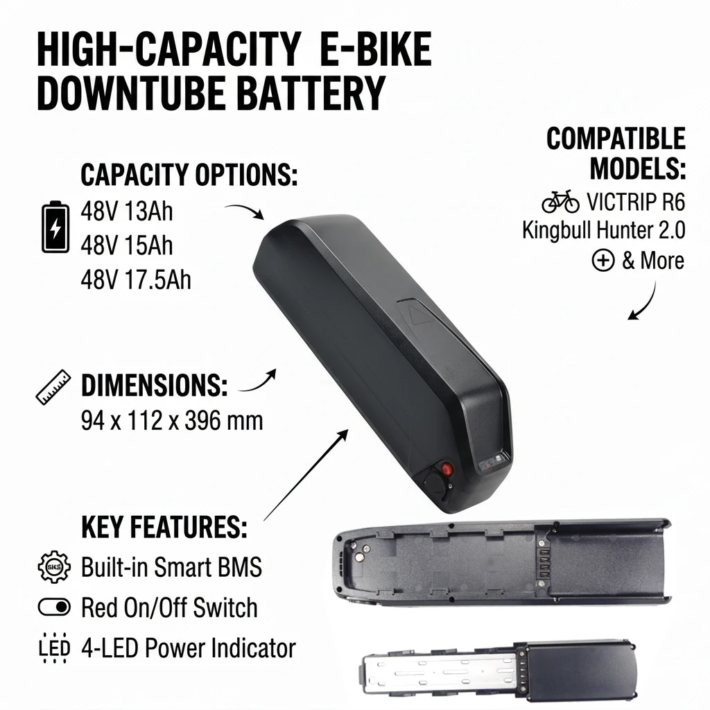 VICTRIP R6 Kingbull Hunter Electric Bike Downtube ebike Battery Custom Size 48V 13Ah/15Ah LI-Ion Perfect Fit with 1000w Motor
VICTRIP R6 Kingbull Hunter Electric Bike Downtube ebike Battery Custom Size 48V 13Ah/15Ah LI-Ion Perfect Fit with 1000w Motor